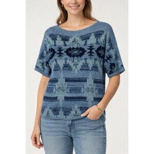 Chaps Denim Blue Southwestern Aztec Knit Top L Cotton Blend Short Sleeve